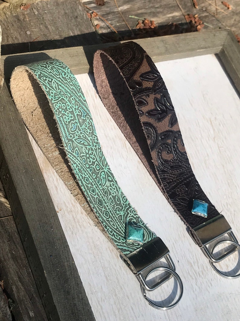 Genuine Leather Western Keychain. Embossed Leather Keychain. Western Leather Keychain with Turquoise accent. image 6