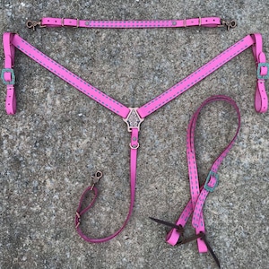 Hot Pink Leather Tack Set. Bubble Gum Pink Tack. Pink Leather Breast Collar. Pink Leather Wither Strap
