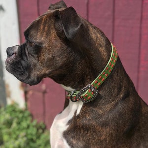 Green Leather Dog Collar. Red Buckstitch Dog Collar. Western dog collar