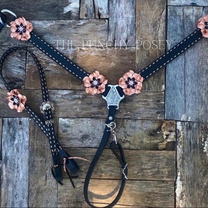 Black Leather Rose Gold Buckstitch Tack set with Leather Flower Conchos. Rose Gold Headstall and Rose gold Breast Collar