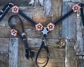 Black Leather Rose Gold Buckstitch Tack set with Leather Flower Conchos. Rose Gold Headstall and Rose gold Breast Collar