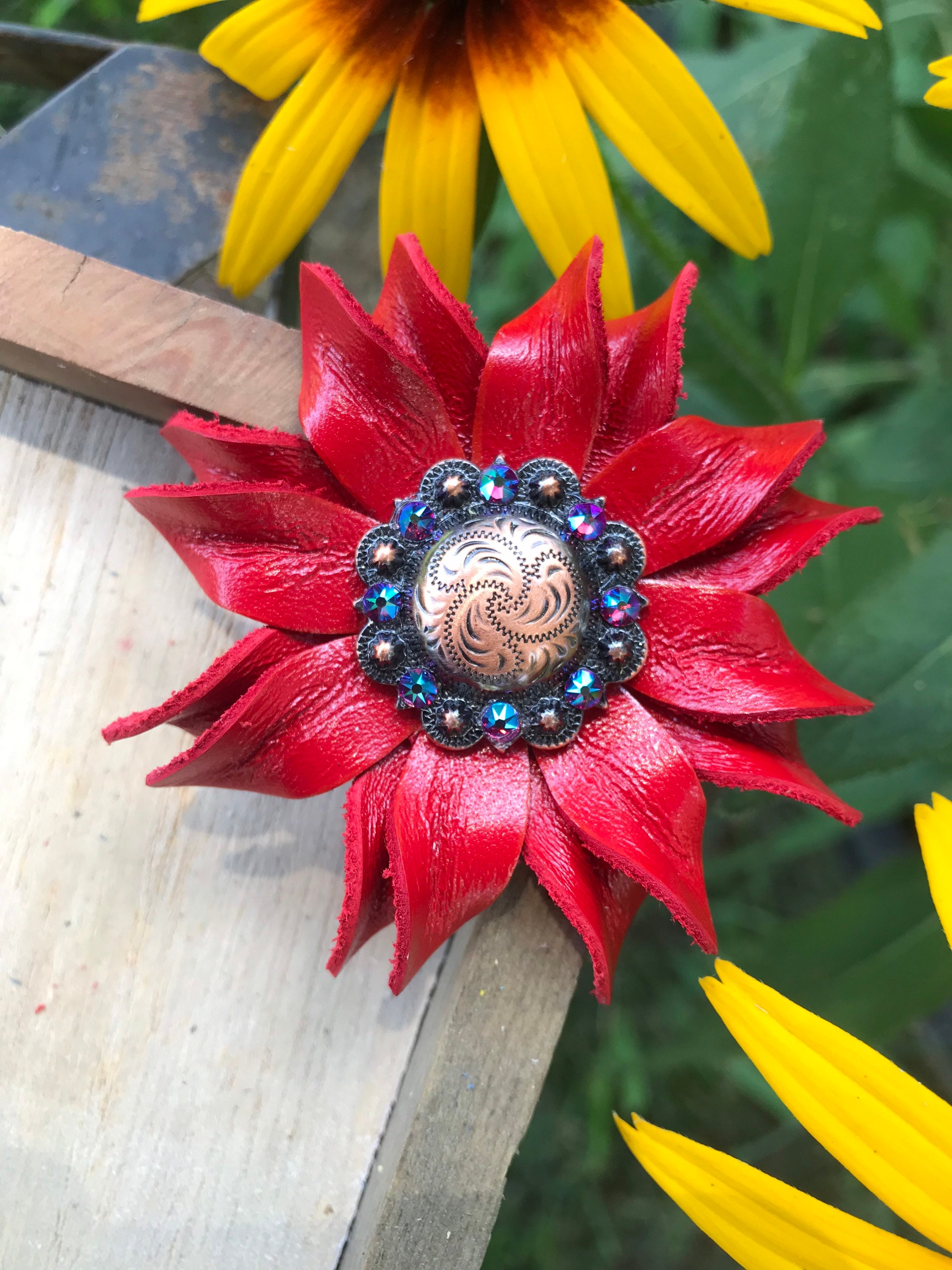 Red Sunflower Leather Flower Concho. Flower Concho for Tack - Etsy UK