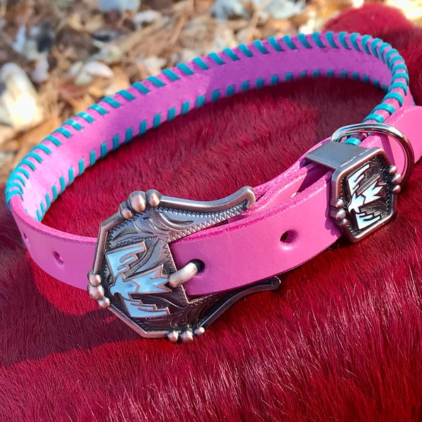 Collier pour chien rose et turquoise au point fouetté. Collier pour chien en cuir avec point fouetté. Collier pour chien Thunderbird