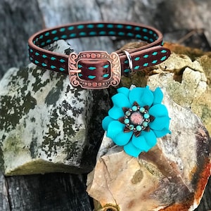 Chocolate Leather Buckstitch Dog Collar. Turquoise Buckstitch Dog Collar. Leather flower dog collar