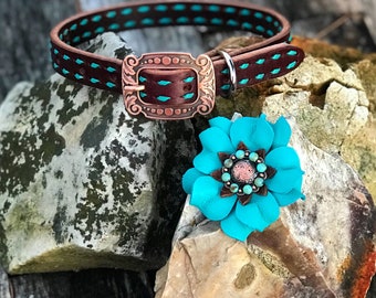 Chocolate Leather Buckstitch Dog Collar. Turquoise Buckstitch Dog Collar. Leather flower dog collar