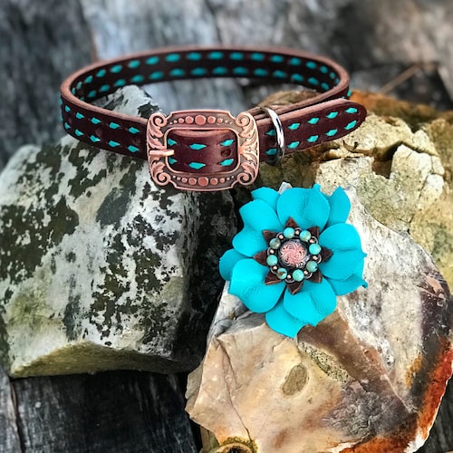 Handcrafted Chocolate Leather Dog Collar, Turquoise Buckstitch Detail