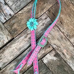 Hot Pink Leather Headstall. Bubblegum Pink Buckstitch Headstall.
