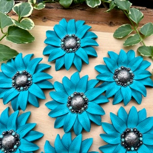 Turquoise Sunflower leather flower concho Teal leather flower concho saddle concho tack concho bling concho