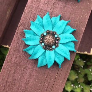 Turquoise Sunflower leather flower concho Teal leather flower concho saddle concho tack concho bling concho