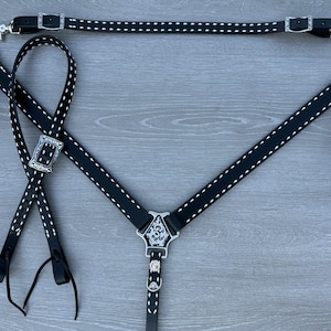 Black Leather Buckstitch Tack Set. Black buckstitch headstall, buckstitch breast collar, buckstitch wither strap.