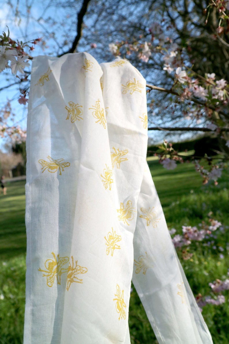 Bee Scarf Hand Printed Scarf Block Printed Organic Cotton Yellow Bumble Bee Gift Ideas Accessory Cotton Scarf Eco Scarf image 8