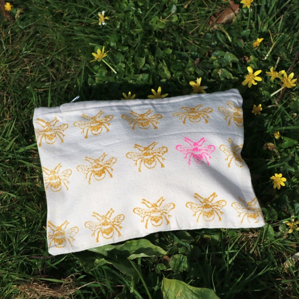 Porte-monnaie en tissu - Jaune et abeille néon | Pochette imprimée à la main | Pochette zippée | Coton biologique | Bloc imprimé | Porte-monnaie | Porte-monnaie | Cadeau | Portefeuille