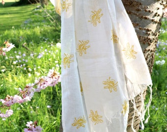 Bee Scarf | Hand Printed Scarf | Block Printed | Organic Cotton | Yellow | Bumble Bee | Gift Ideas | Accessory | Cotton Scarf | Eco Scarf