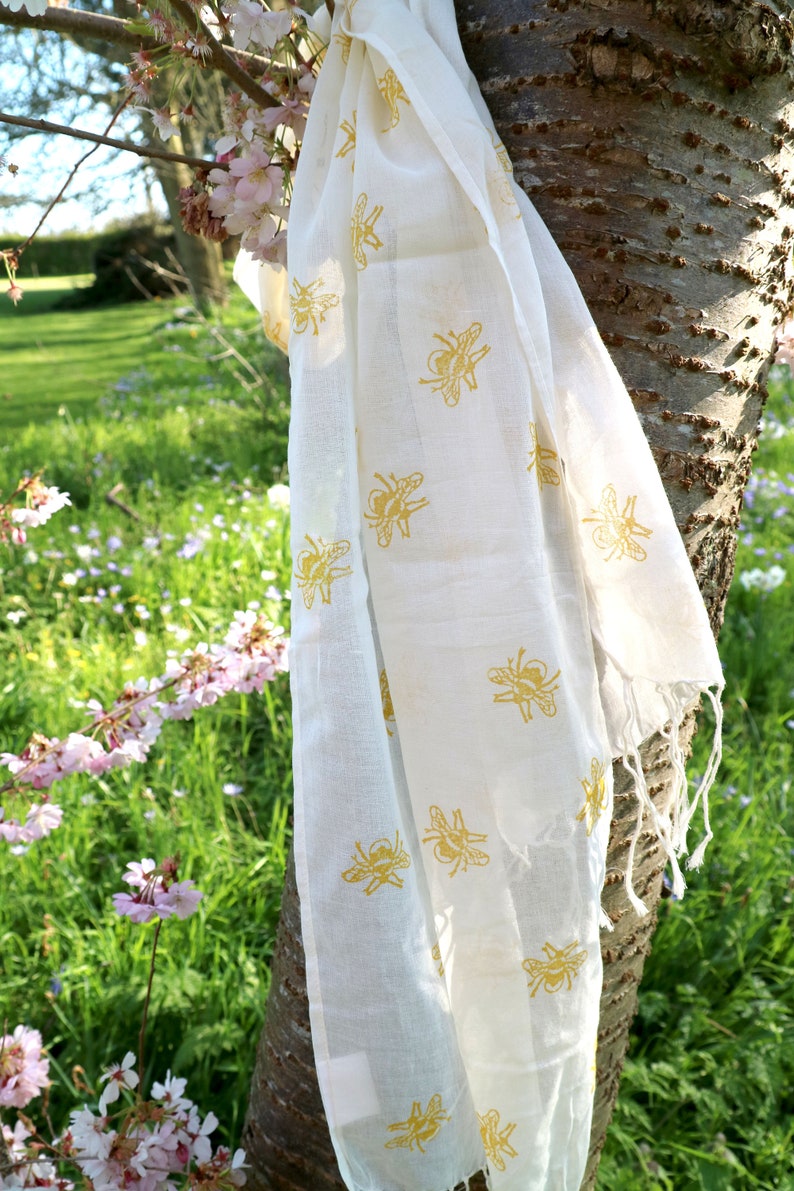 Bee Scarf Hand Printed Scarf Block Printed Organic Cotton Yellow Bumble Bee Gift Ideas Accessory Cotton Scarf Eco Scarf image 1