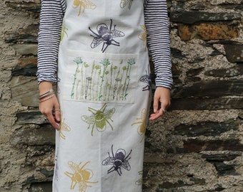 Women's Bee Apron- Purple,Yellow & Green | Handprinted | Organic Cotton | Bumble Bee | Baking | Sewing | Wildflowers | Save The Bees |