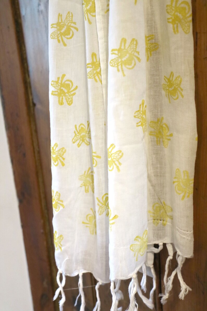 Bee Scarf Hand Printed Scarf Block Printed Organic Cotton Yellow Bumble Bee Gift Ideas Accessory Cotton Scarf Eco Scarf image 6