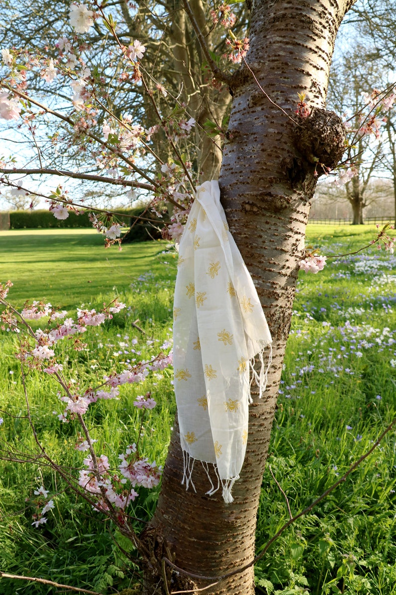 Bee Scarf Hand Printed Scarf Block Printed Organic Cotton Yellow Bumble Bee Gift Ideas Accessory Cotton Scarf Eco Scarf image 2
