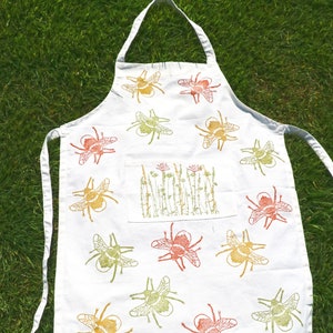 Women&#39;s Bee Apron- Terracotta,Yellow & Green | Handprinted | Organic Cotton | Bumble Bee | Baking | Sewing | Wildflowers | Save The Bees |