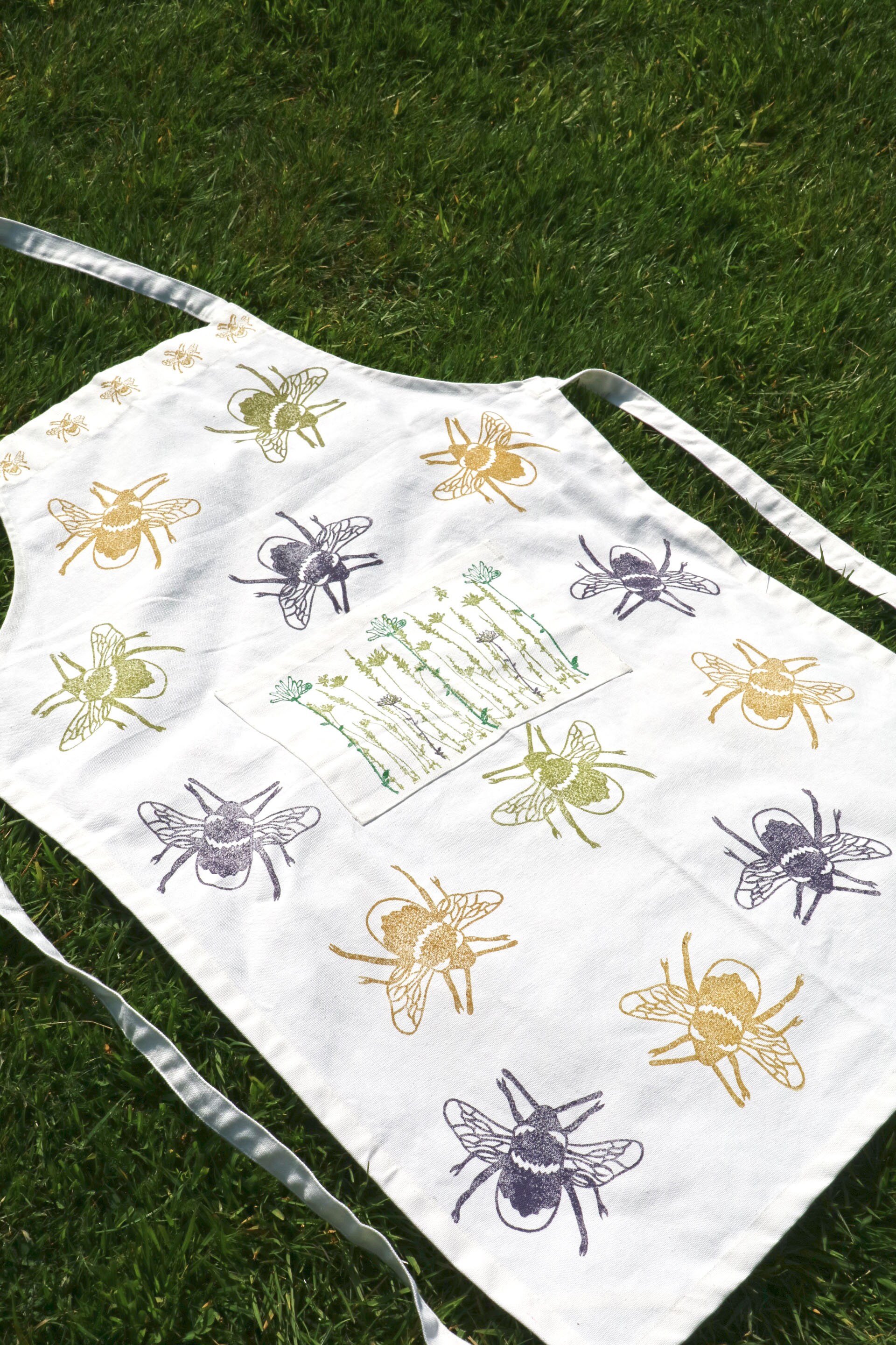 Women's Bee Apron Purple,yellow & Green Handprinted Organic Cotton