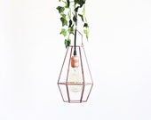 Large Industrial Hanging Pendant Light, Glass Geometric Lighting, Stained Glass Lantern, Rustic Wedding Lights, Copper Decor