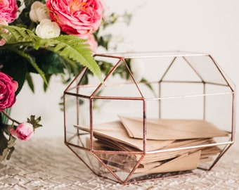 Clear Wedding Card Box | Large Geometric Glass Wedding Card Holder | Wishing Well Box | Copper Card Box