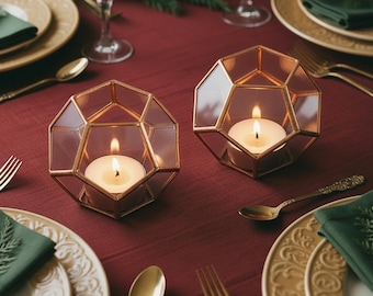 Handmade Geometric Stained Glass Candle Holder Set • Copper Tea Light Holder • Christmas Decor