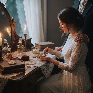 Puede incluir: Escena de estilo vintage con una mujer con un vestido de encaje blanco sentada en un tocador. La mesa est&aacute; adornada con velas, frascos de perfume, joyas y libros. Un hombre con traje est&aacute; de pie detr&aacute;s de ella. Ambiente cl&aacute;sico y rom&aacute;ntico.
