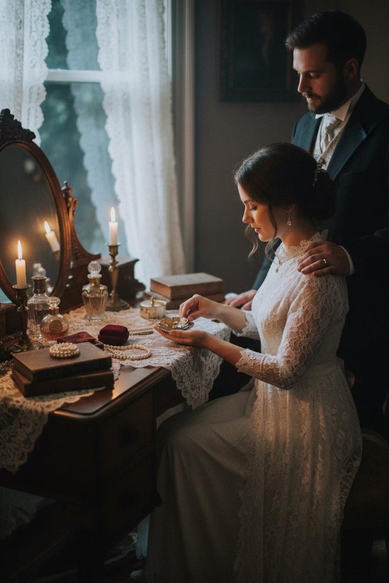 Puede incluir: Escena de estilo vintage con una mujer con un vestido de encaje blanco sentada en un tocador. La mesa est&aacute; adornada con velas, frascos de perfume, joyas y libros. Un hombre con traje est&aacute; de pie detr&aacute;s de ella. Ambiente cl&aacute;sico y rom&aacute;ntico.