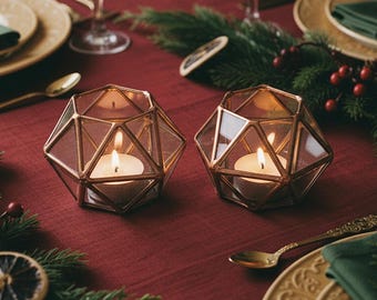 Stained Glass Geometric Tealight Candle Holder Set • Christmas Mantel  & Holiday Table Decor