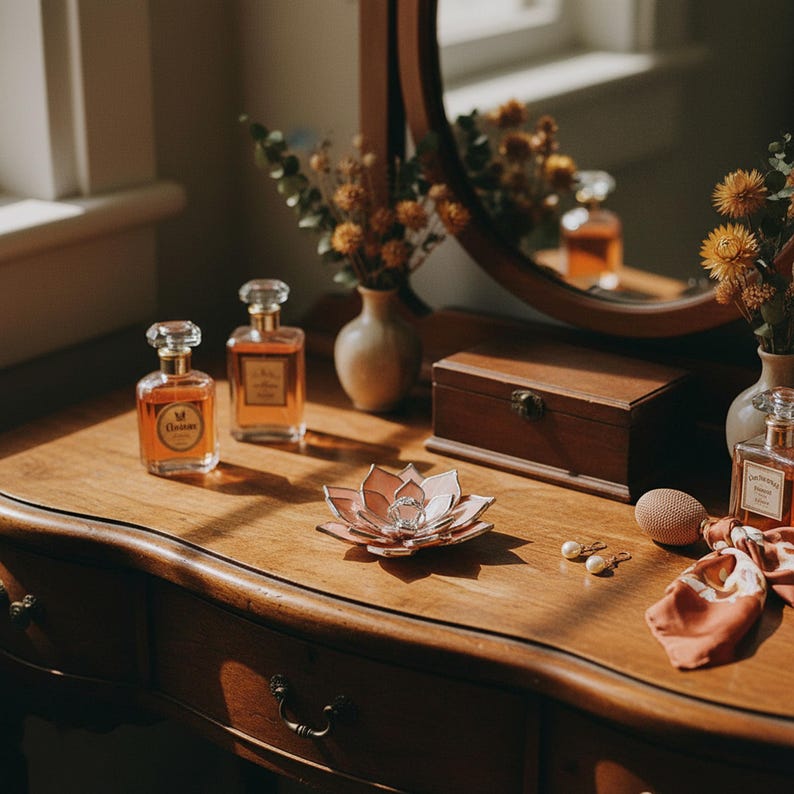 May include: A wooden vanity table with a round mirror, featuring perfume bottles, a jewelry dish, a wooden box, and a pair of pearl earrings. The scene is illuminated by natural light, creating a warm, inviting atmosphere.