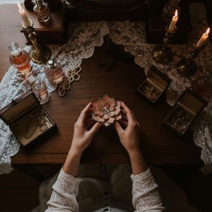 Puede incluir: Un tocador de estilo vintage con espejo, velas y frascos de perfume. Una joyero decorativo en forma de flor con una gema central se sostiene en las manos. Tambi&eacute;n hay otros joyeros y un collar de perlas sobre la mesa.
