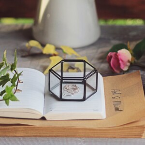 Glass Geometric Wedding Ring Box, Hexagon, Spring Wedding Decor, Ring Bearer Box, Boho Wedding Decor, Copper Ring Holder, Proposal Box Black