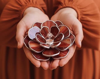 Burgundy Stained Glass Flower Ring Dish • Fall Wedding Ring Holder • Autumn Bridal Gift