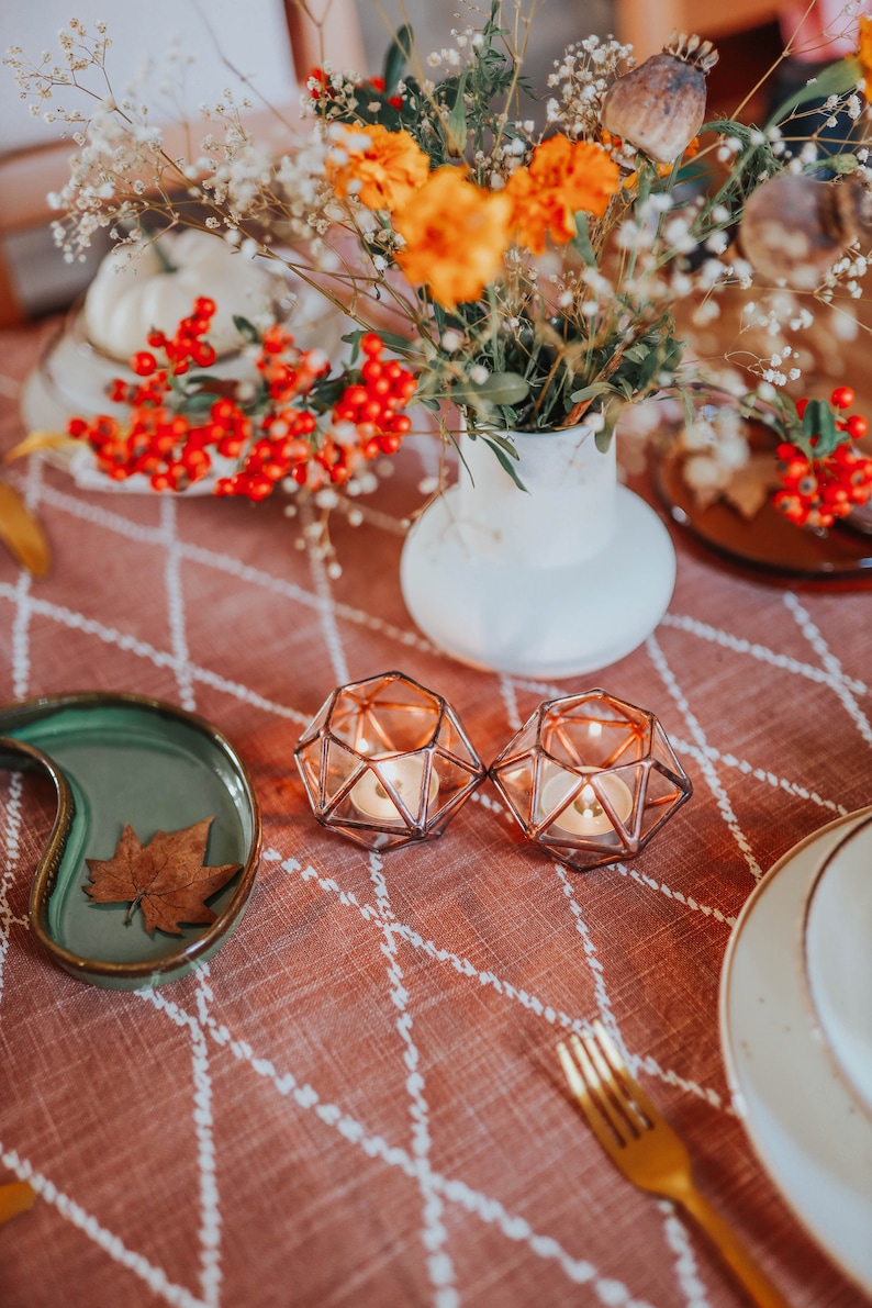 Geometric Glass Tealight Candle Holder Set of 2 Copper Wedding Decor Thanksgiving & Christmas Table Decor Rustic Copper