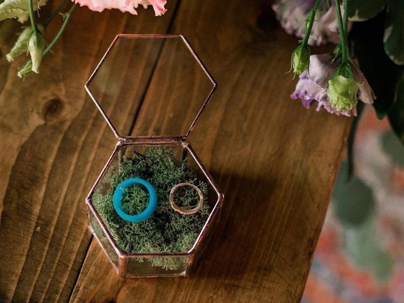 Glass Geometric Wedding Ring Box, Hexagon, Spring Wedding Decor, Ring Bearer Box, Boho Wedding Decor, Copper Ring Holder, Proposal Box image 2