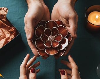 Handmade Stained Glass Flower Ring Dish • Amber-Burgundy Jewelry Holder