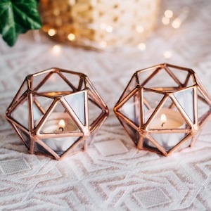 Geometric Glass Tealight Candle Holder Set of 2 Copper Wedding Decor Thanksgiving & Christmas Table Decor Copper