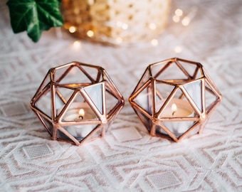 Geometric Glass Tealight Candle Holder | Set of 2 | Copper Wedding Decor | Thanksgiving & Christmas Table Decor