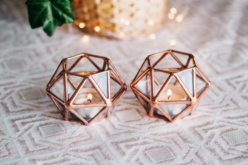 Geometric Glass Tealight Candle Holder Set of 2 Copper Wedding Decor Thanksgiving & Christmas Table Decor Copper