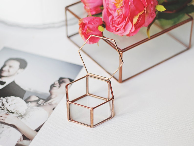 Glass Geometric Wedding Ring Box, Hexagon, Spring Wedding Decor, Ring Bearer Box, Boho Wedding Decor, Copper Ring Holder, Proposal Box image 3