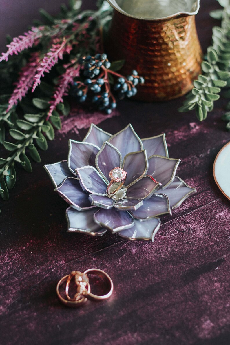 Wedding Ring Dish Glass Succulent Wedding Ring Holder Engagement Ring Dish Jewelry Dish Holder Fall & Winter Wedding Decor Purple Pearl