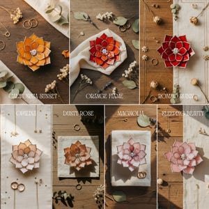 May include: A collection of handcrafted, stained glass ring holders in various colors, including orange, red, and pink. Each holder is shaped like a flower with a central gem. The names "California Sunset", "Orange Flame", "Romeo Rubin", "Opalina", "Dusty Rose", "Magnolia", and "Sleeping Beauty" are displayed.