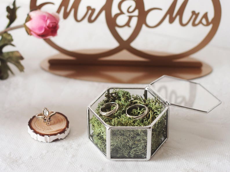 Glass Geometric Wedding Ring Box, Hexagon, Spring Wedding Decor, Ring Bearer Box, Boho Wedding Decor, Copper Ring Holder, Proposal Box Silver