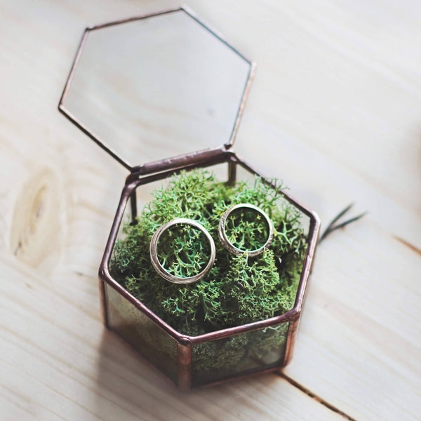 Stained Glass Geometric Wedding & Engagement Ring Box with Moss | Boho Wedding Decor