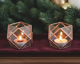 Stained Glass Geometric Copper Candle Holder Set • Christmas Table Decor