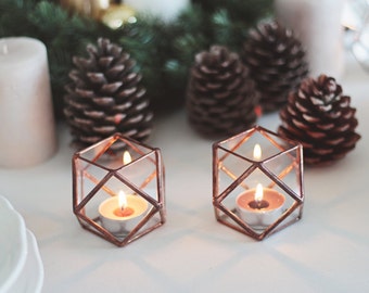 Gebrandschilderd Glas Geometrische Koperen Kandelaar Set, Kerst tafel Decor