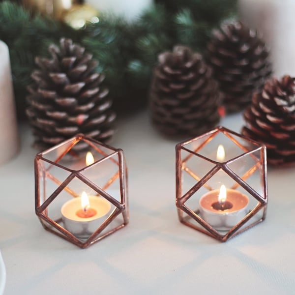 Ensemble de bougeoir en cuivre géométrique en vitrail, décor de table de Noël