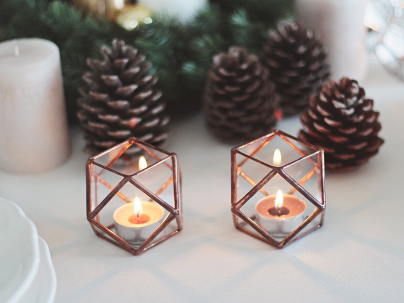 Stained Glass Geometric Copper Candle Holder Set, Christmas Table Decor
