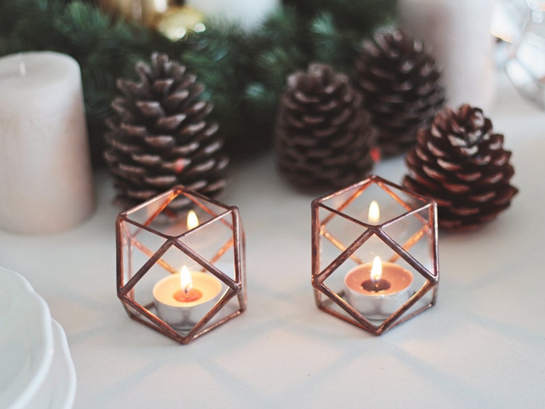 Stained Glass Geometric Copper Candle Holder Set, Christmas Table Decor image 1