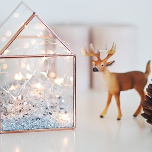 Casa de vidro, caixa de cartão de casamento, recipiente geométrico de terrário, decoração de cobre para férias, caixa de cartão pequena, suporte para envelope